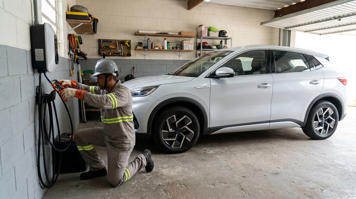 Eletricista instalando carregador de carro eletrico em Campina Grande‑PB