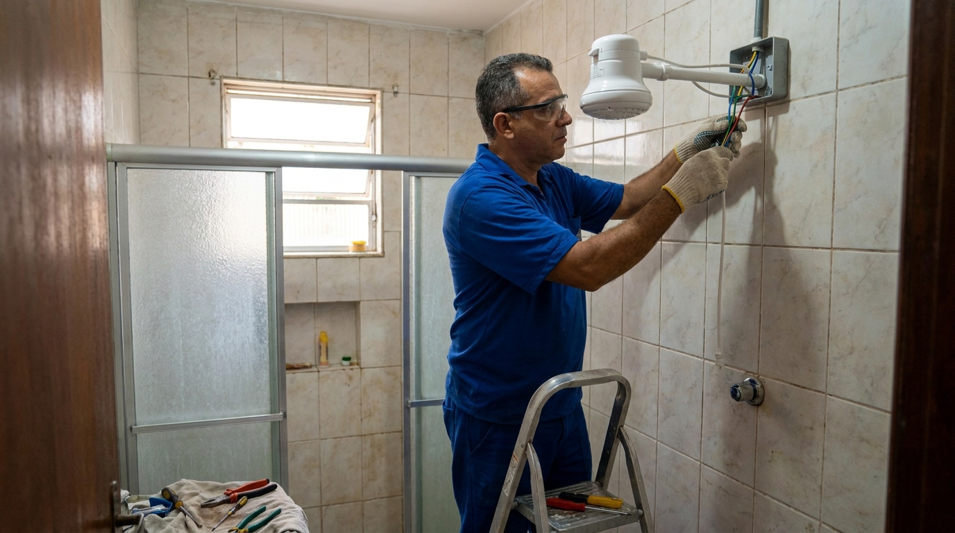 Eletricista instalando chuveiro eletrico em Campina Grande‑PB