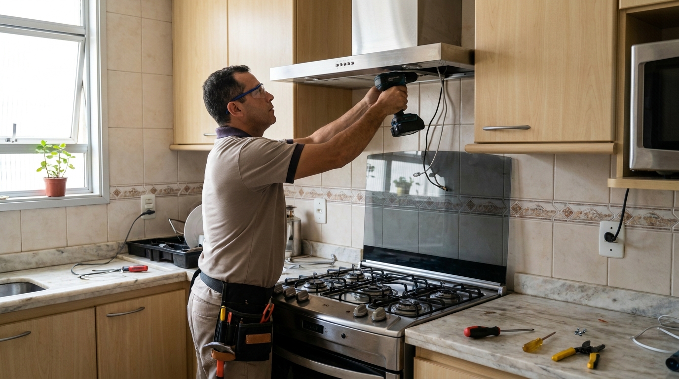 Eletricista instalando coifa em Campina Grande‑PB