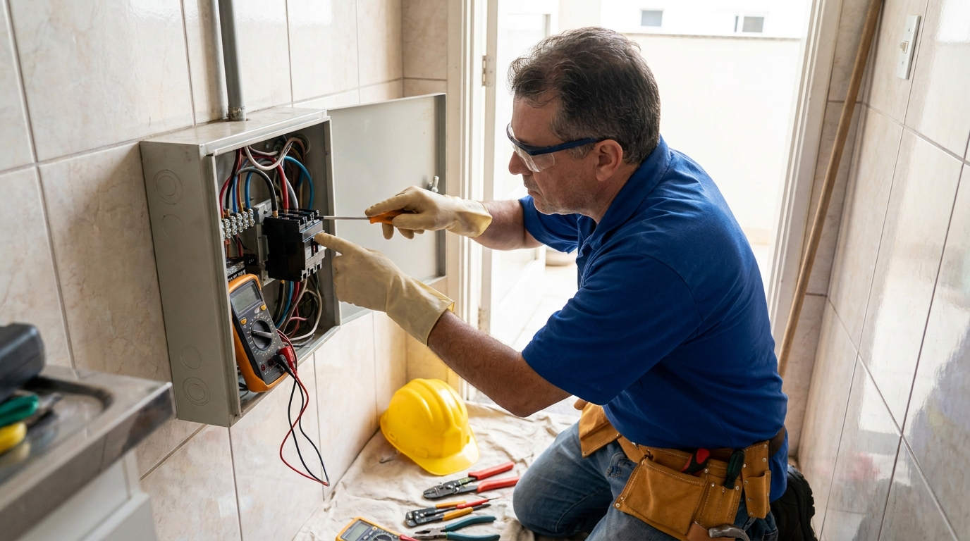 Eletricista instalando disjuntor em Campina Grande‑PB