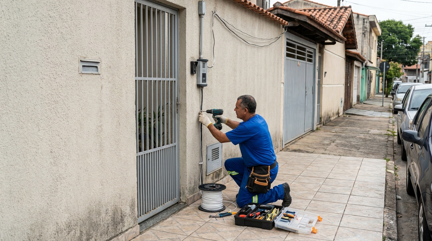 Eletricista instalando interfone em Campina Grande‑PB