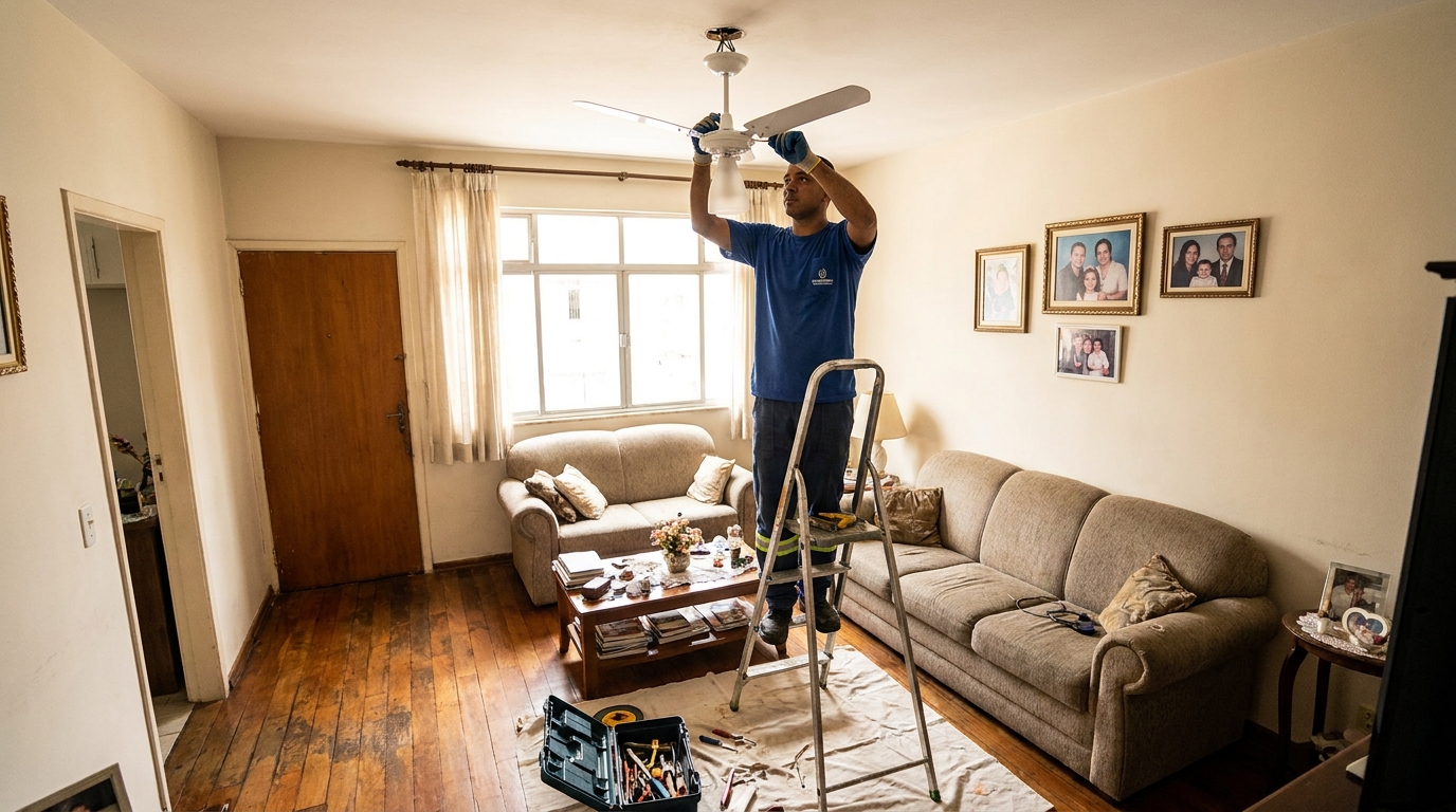 Eletricista instalando ventilador de teto em Campina Grande‑PB