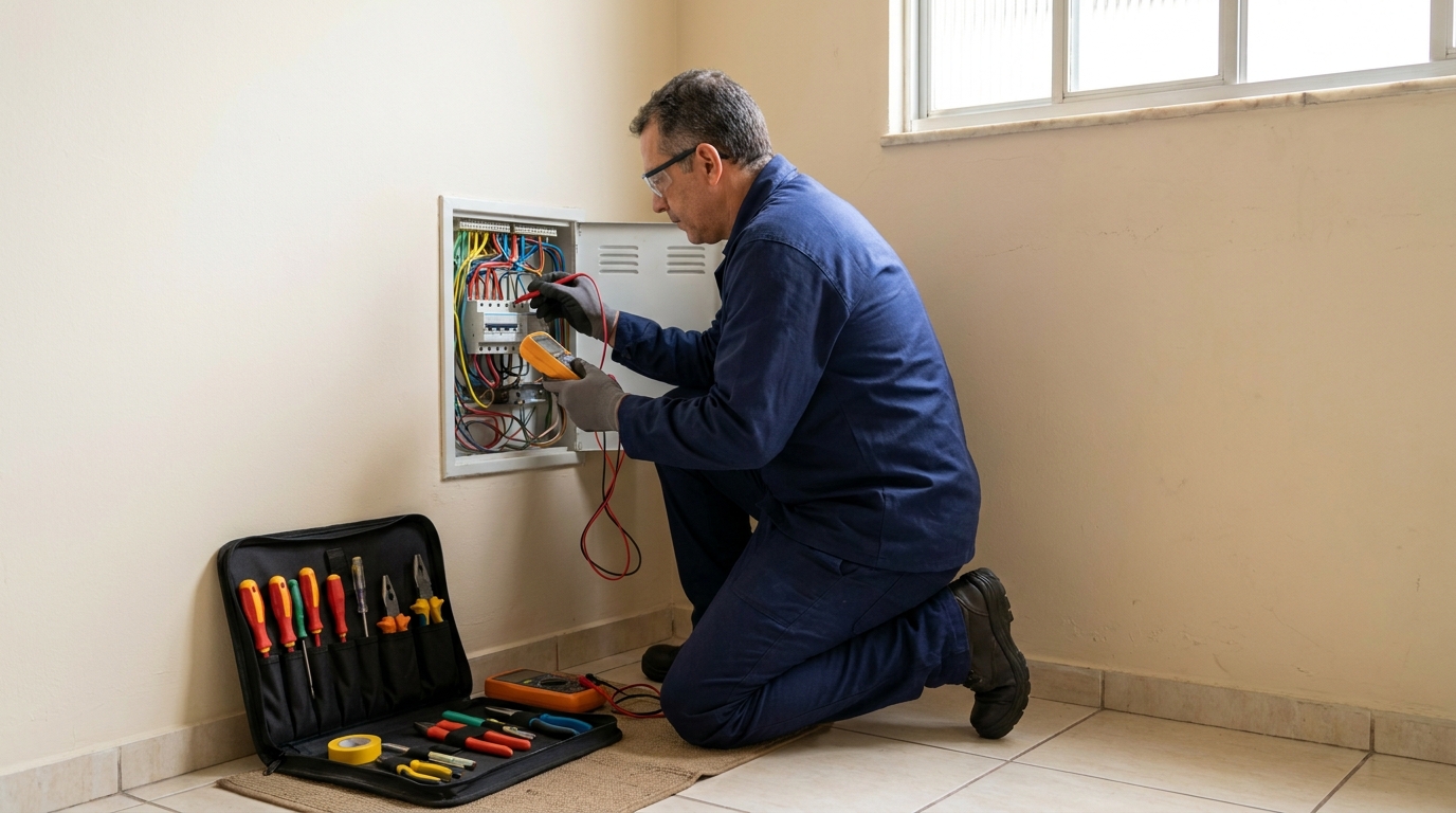 Eletricista atendendo em residência em Campina Grande‑PB